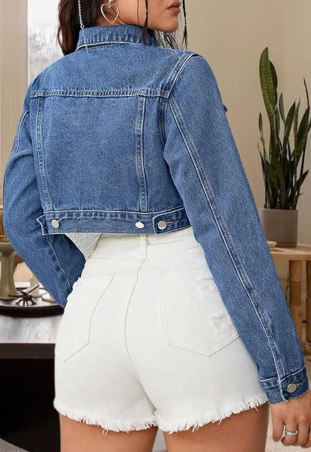 Women's Cropped Denim Jean Jacket Button Down Frayed Washed Long Sleeve Casual Jacket Coats