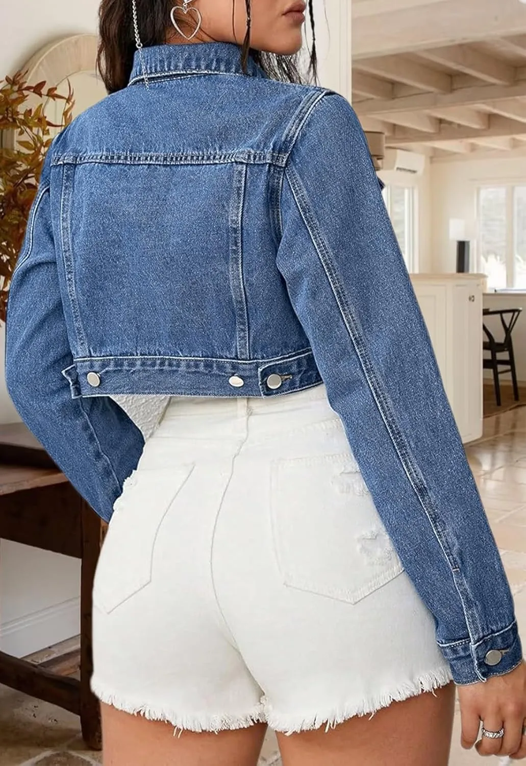 Women's Cropped Denim Jean Jacket Button Down Frayed Washed Long Sleeve Casual Jacket Coats