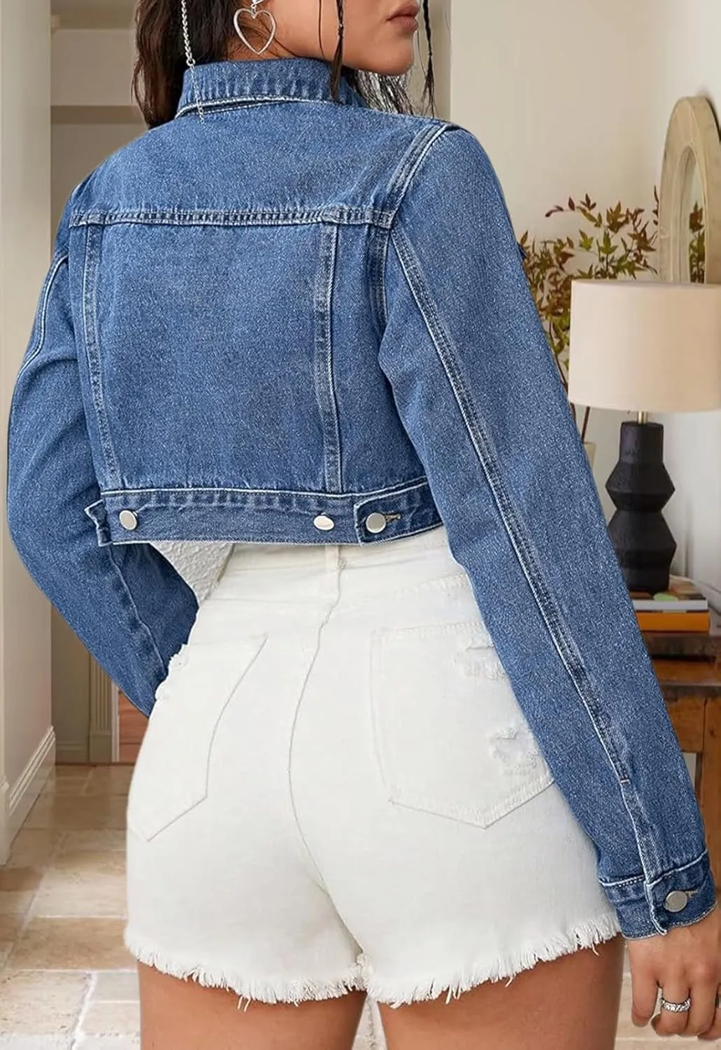 Women's Cropped Denim Jean Jacket Button Down Frayed Washed Long Sleeve Casual Jacket Coats