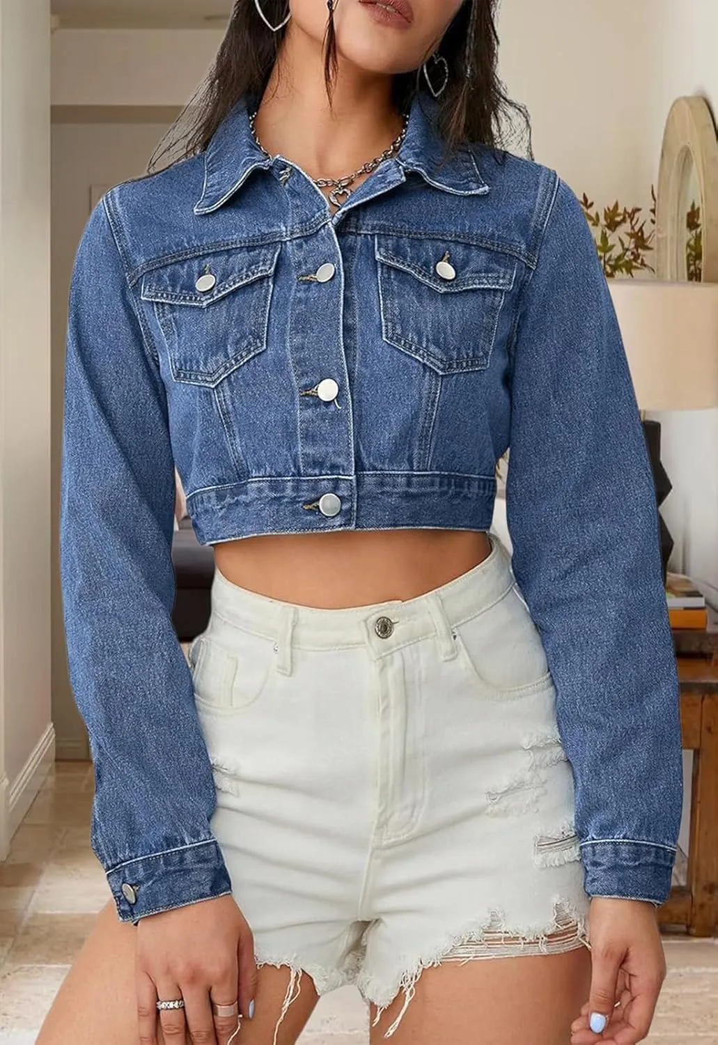 Women's Cropped Denim Jean Jacket Button Down Frayed Washed Long Sleeve Casual Jacket Coats