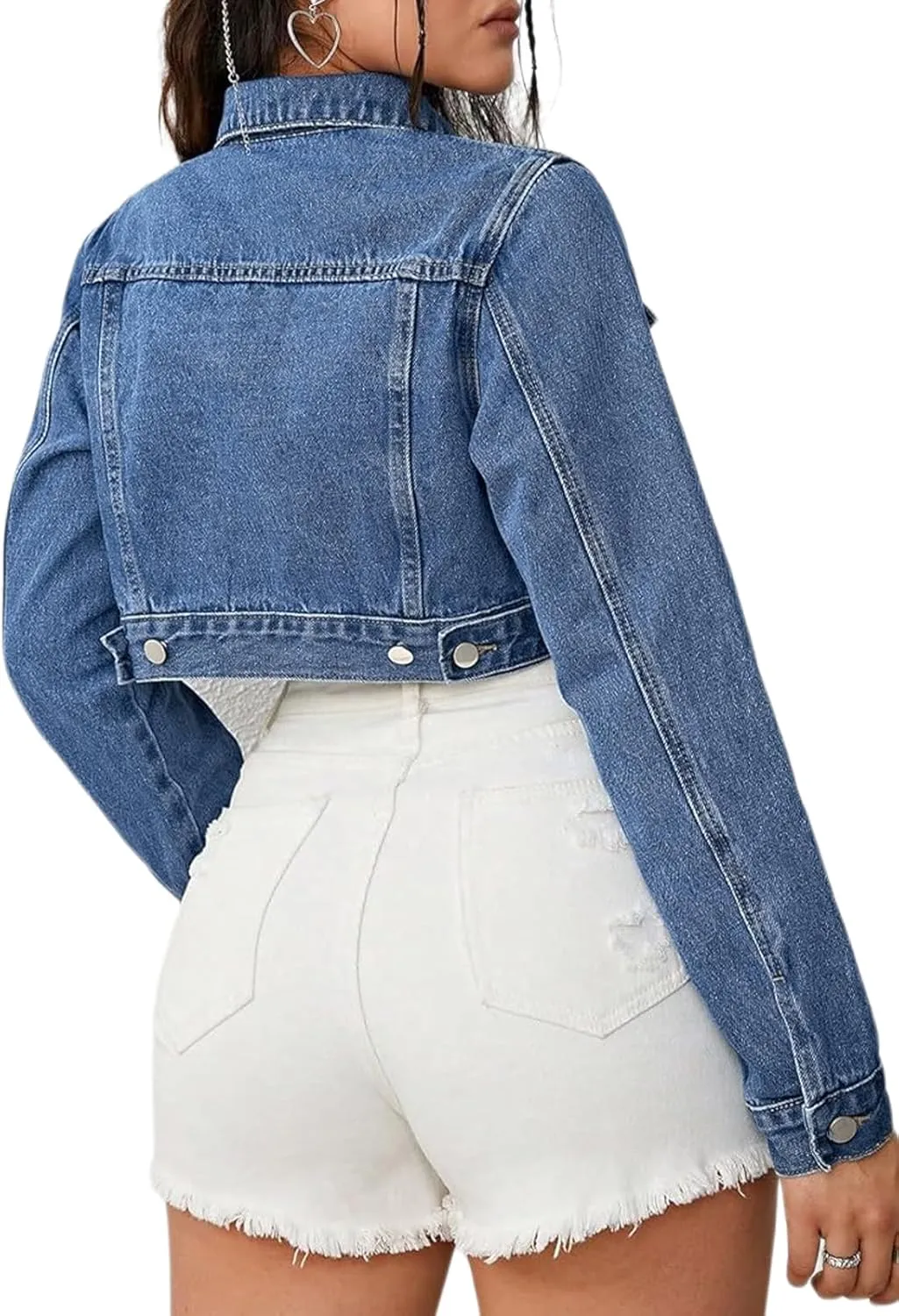 Women's Cropped Denim Jean Jacket Button Down Frayed Washed Long Sleeve Casual Jacket Coats