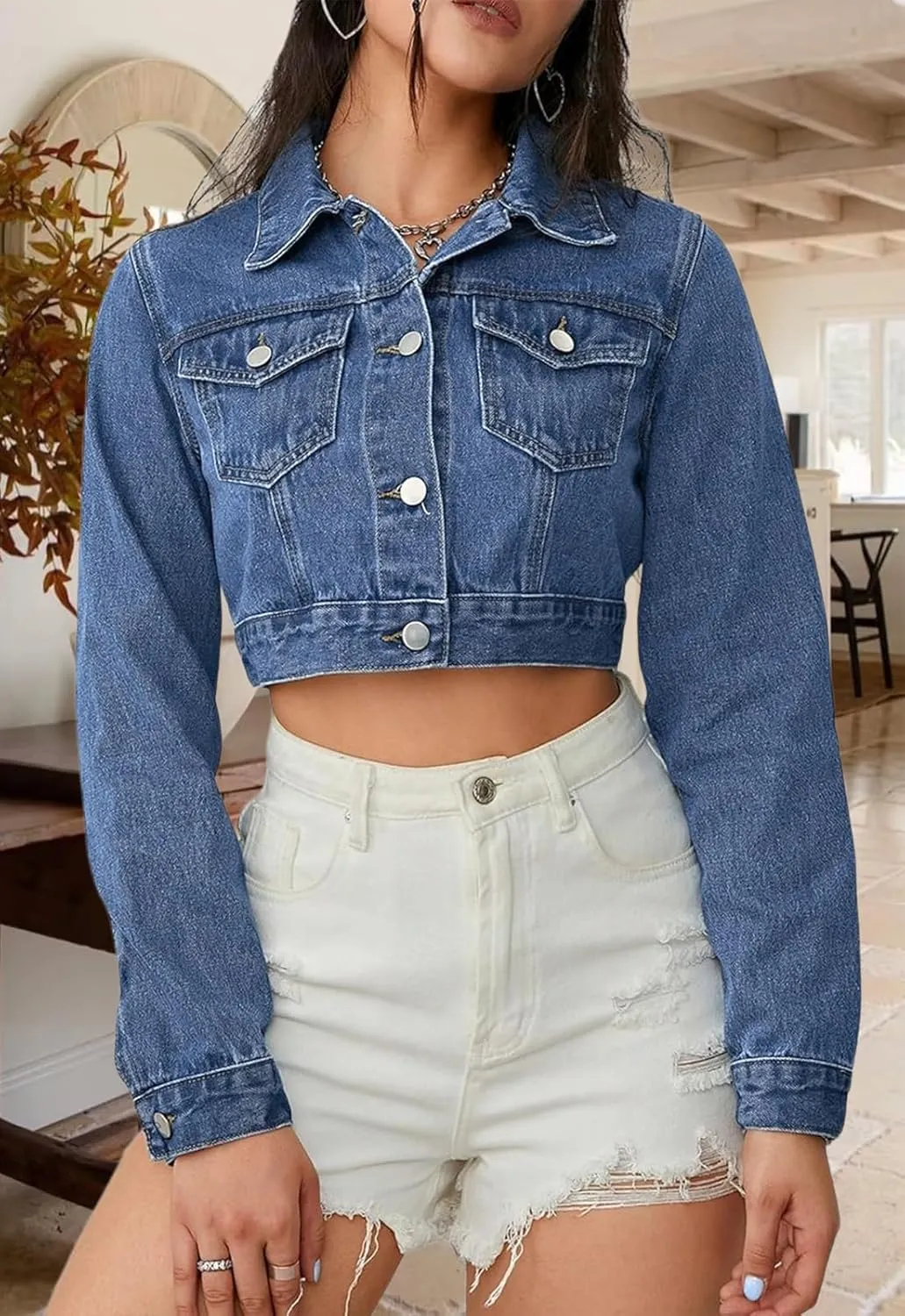 Women's Cropped Denim Jean Jacket Button Down Frayed Washed Long Sleeve Casual Jacket Coats