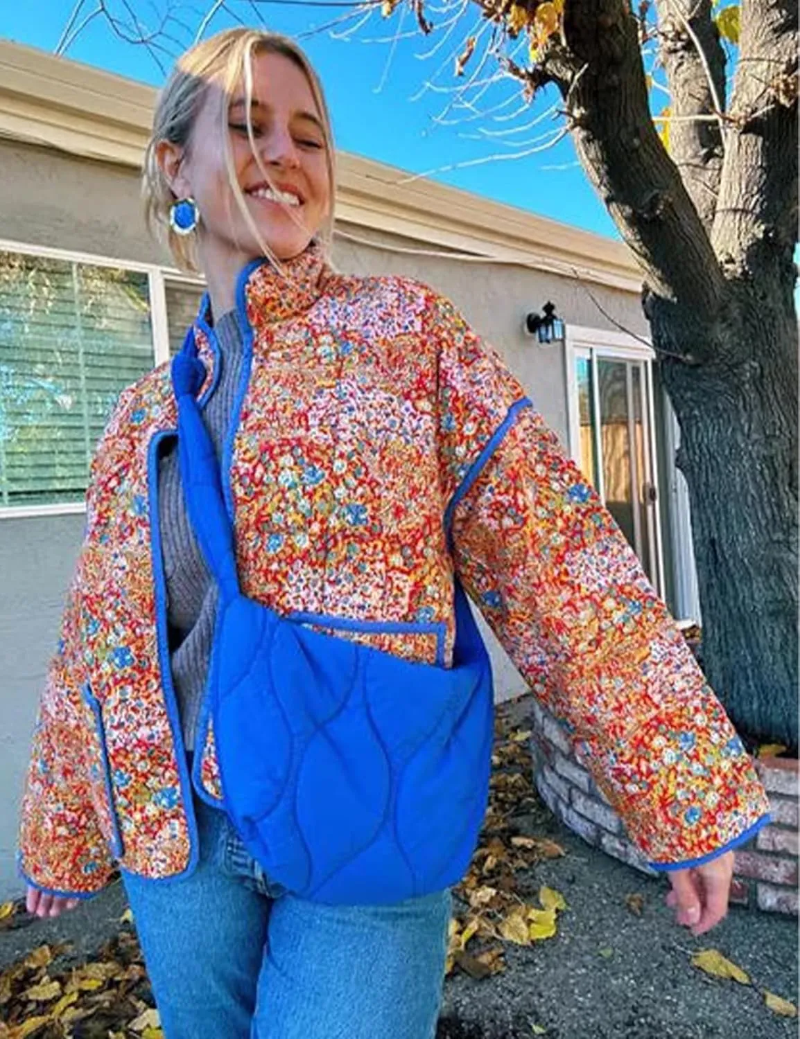 Women's Cropped Quilted Jacket Floral Print Puffer Jackets Lightweight Long Sleeve Warm Puffy Cardigan Coat 2024 Trendy
