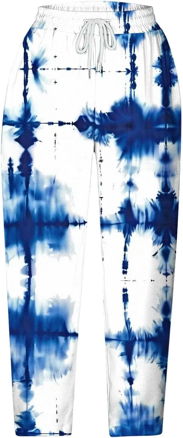 Womens Cropped Trousers Elastic High Waist Wide Leg Capri Pants Comfy Loose Fit Tie-dye Print Pants Fashion Trousers