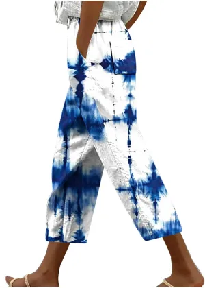 Womens Cropped Trousers Elastic High Waist Wide Leg Capri Pants Comfy Loose Fit Tie-dye Print Pants Fashion Trousers