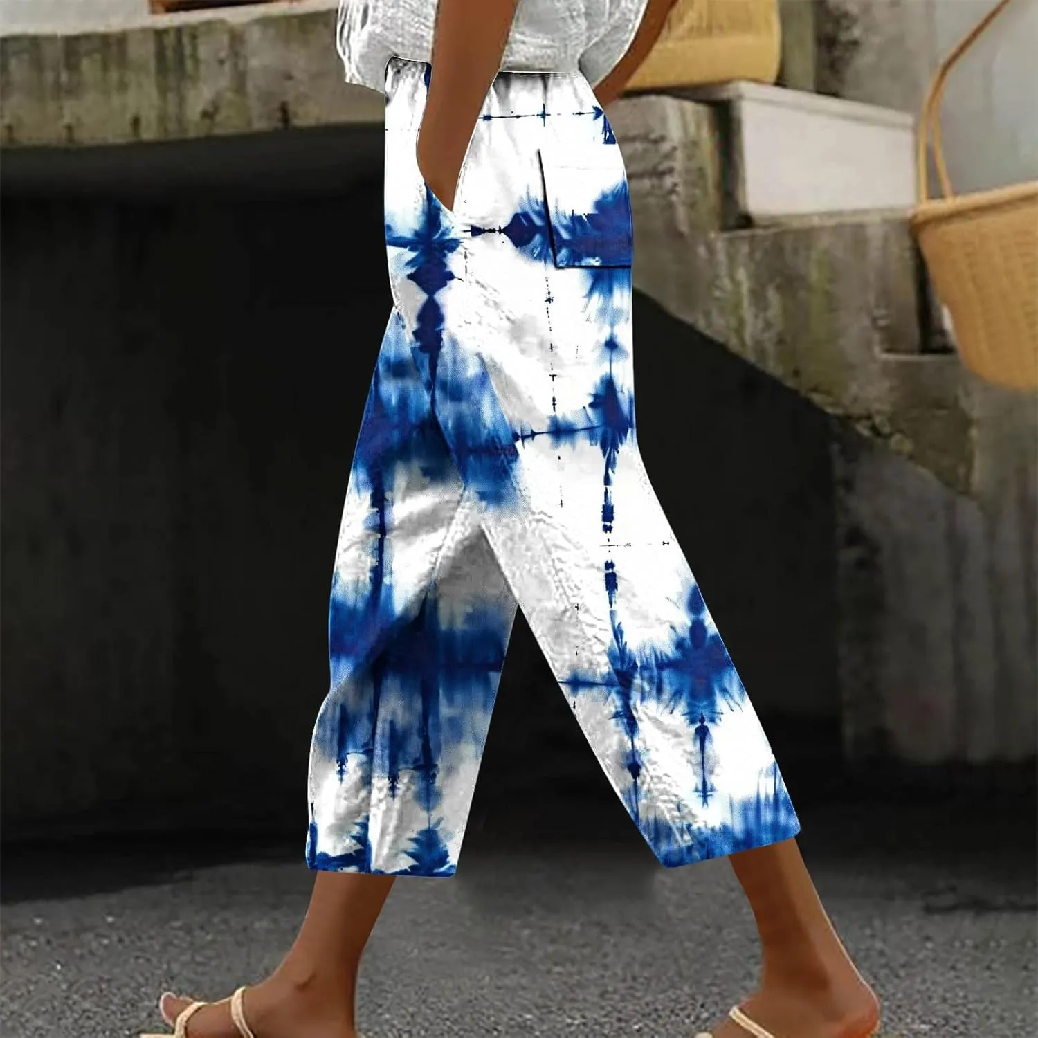 Womens Cropped Trousers Elastic High Waist Wide Leg Capri Pants Comfy Loose Fit Tie-dye Print Pants Fashion Trousers