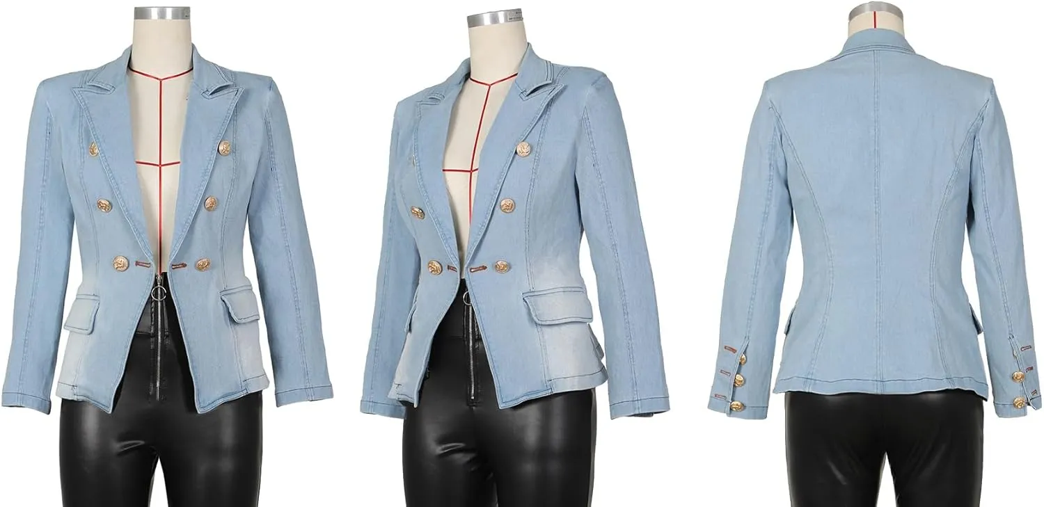 Women's Denim Casual Blazer Lapel Collar Open Front Slim Fit Work Office Jean Jacket Coat