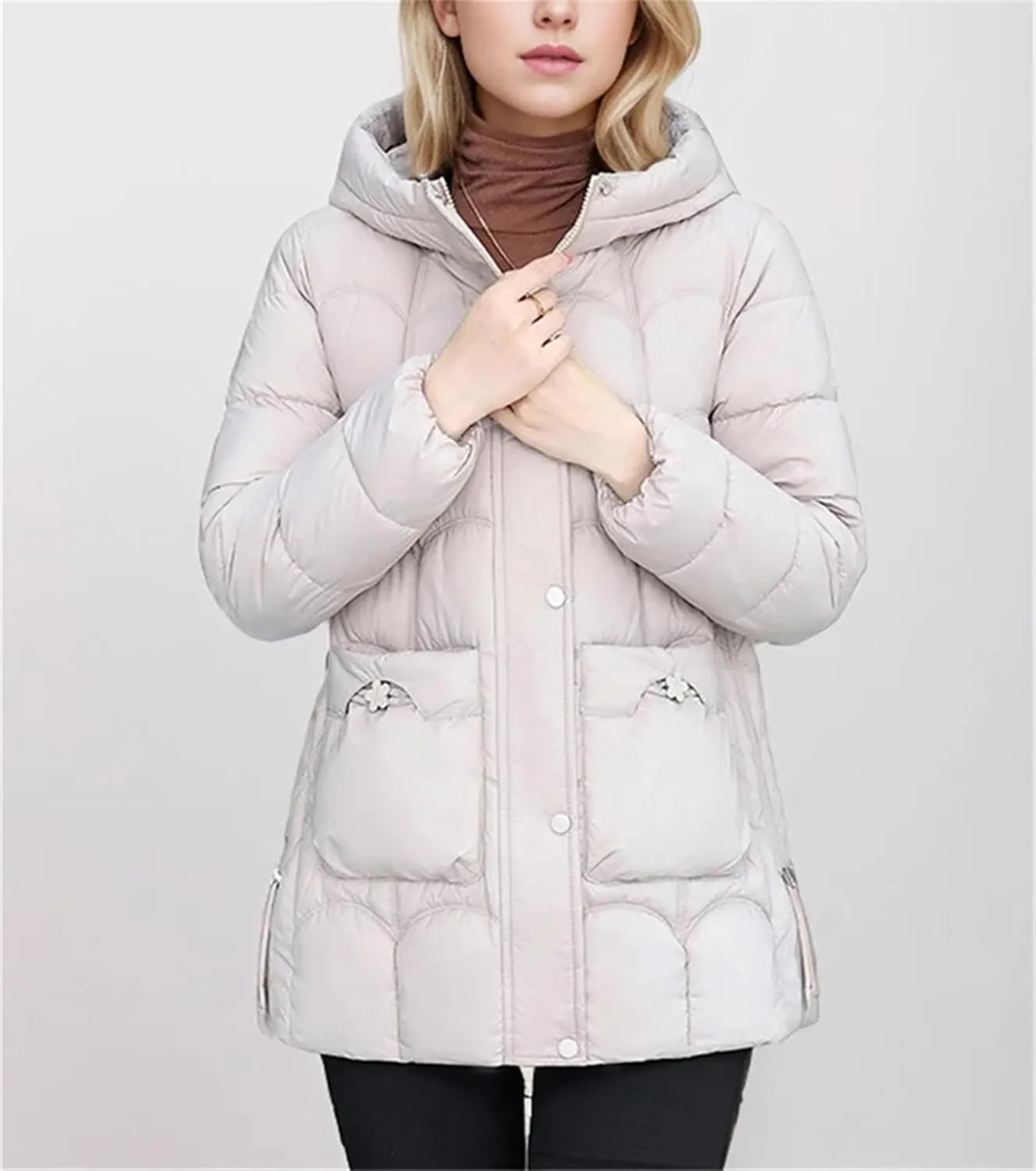 Women's Down Cotton Warm Coats Winter Stylish Midi Length Hooded Lightweight Padded Jacket Winter Parka