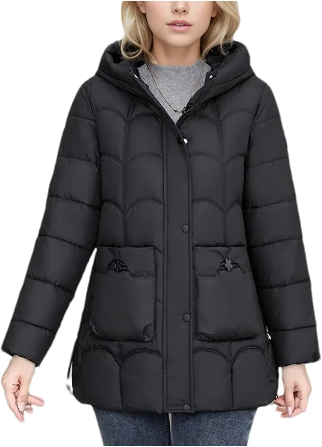 Women's Down Cotton Warm Coats Winter Stylish Midi Length Hooded Lightweight Padded Jacket Winter Parka
