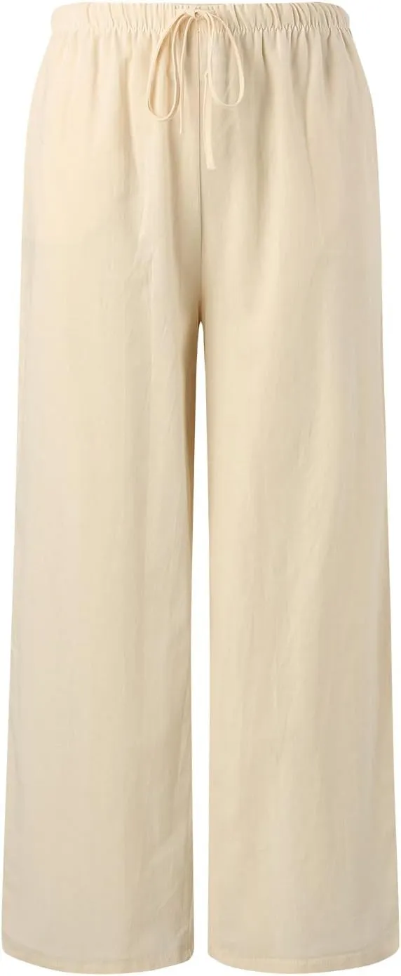 Women's Elastic Beach Linen Blend Linen Capris High Waisted Summer Elastic Waist Loose Fitting with Pockets Casual