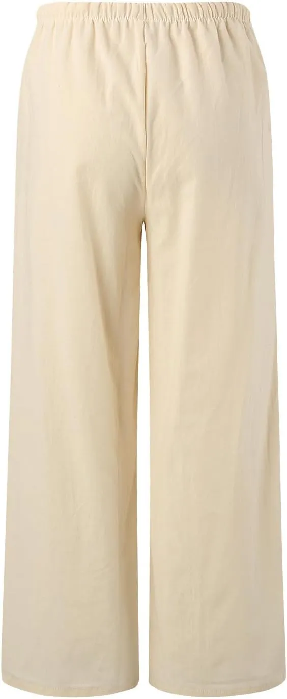 Women's Elastic Beach Linen Blend Linen Capris High Waisted Summer Elastic Waist Loose Fitting with Pockets Casual