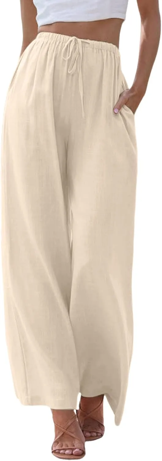Women's Elastic Beach Linen Blend Linen Capris High Waisted Summer Elastic Waist Loose Fitting with Pockets Casual