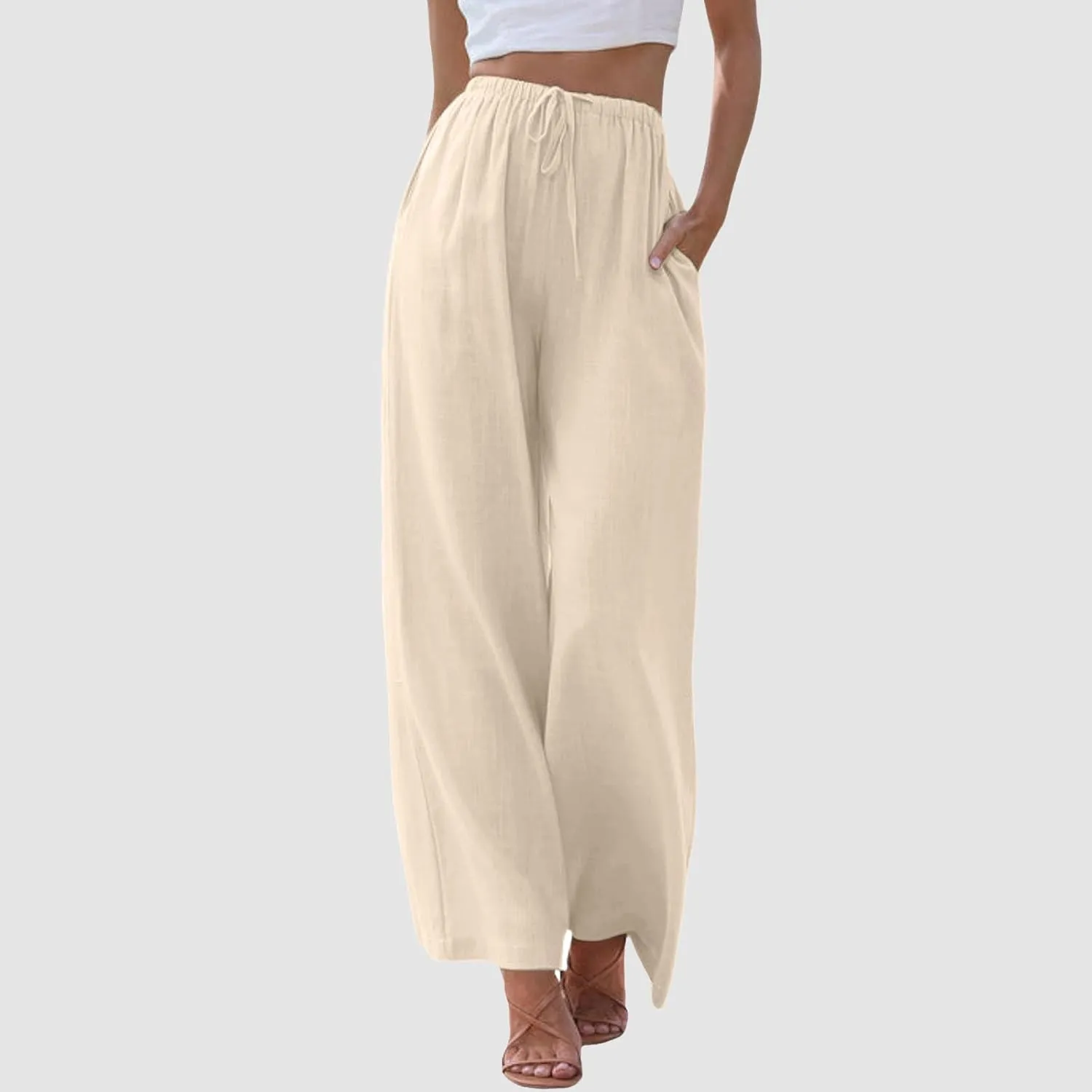 Women's Elastic Beach Linen Blend Linen Capris High Waisted Summer Elastic Waist Loose Fitting with Pockets Casual