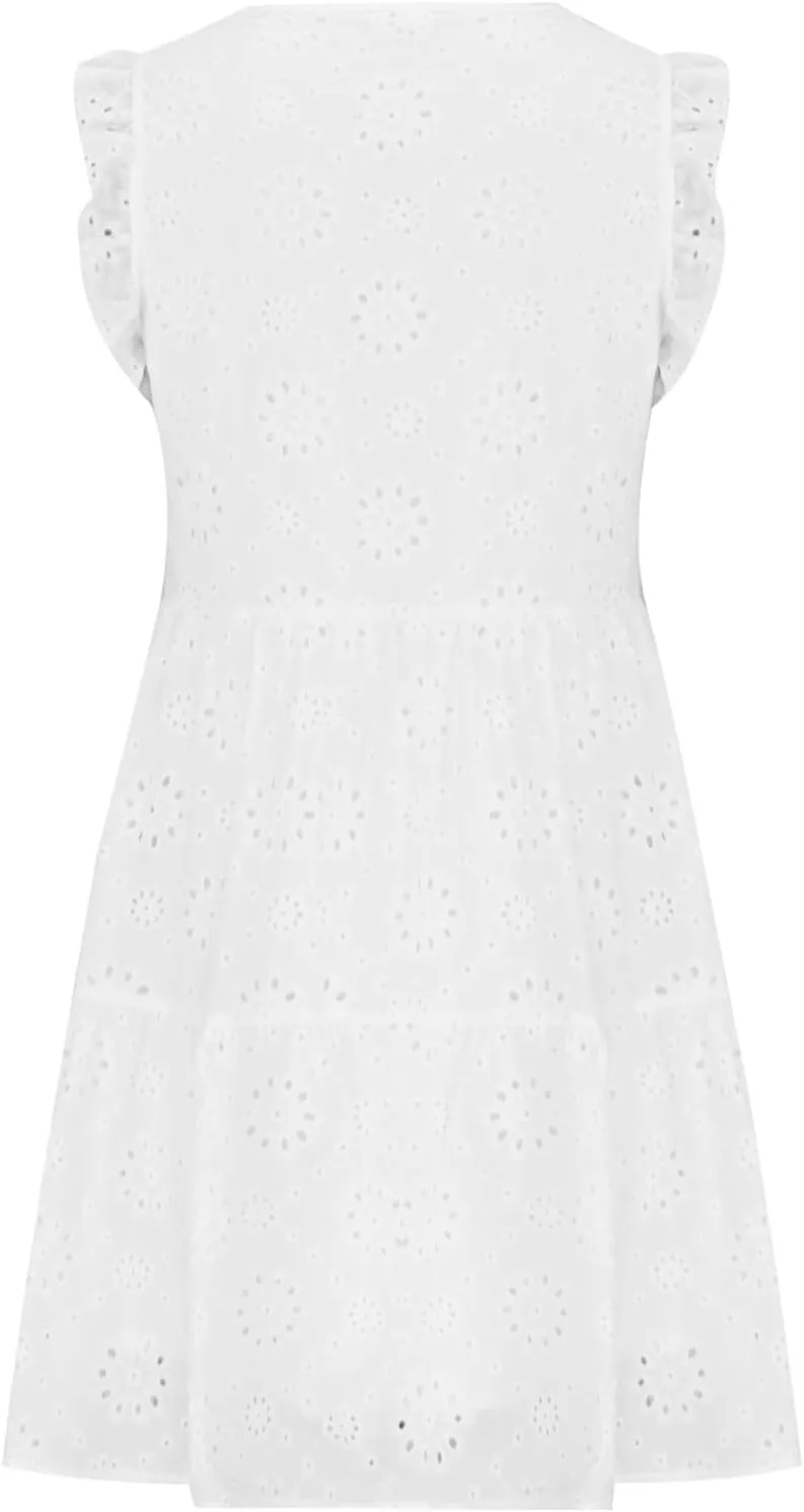 Womens Fashion 2024 Summer Dresses Crochet Swiss Dot Ruffle Mini Dress Flowy Soft Cotton Dressy Loose Beach Boho Dress