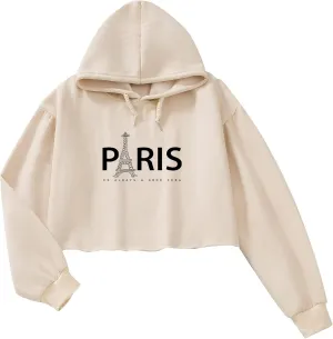 Womens Fashion Crop Sweatshirt Letter Print Hoodies Girls Y2k Cotton Oversized Cropped Pullover Paris Tower Graphic