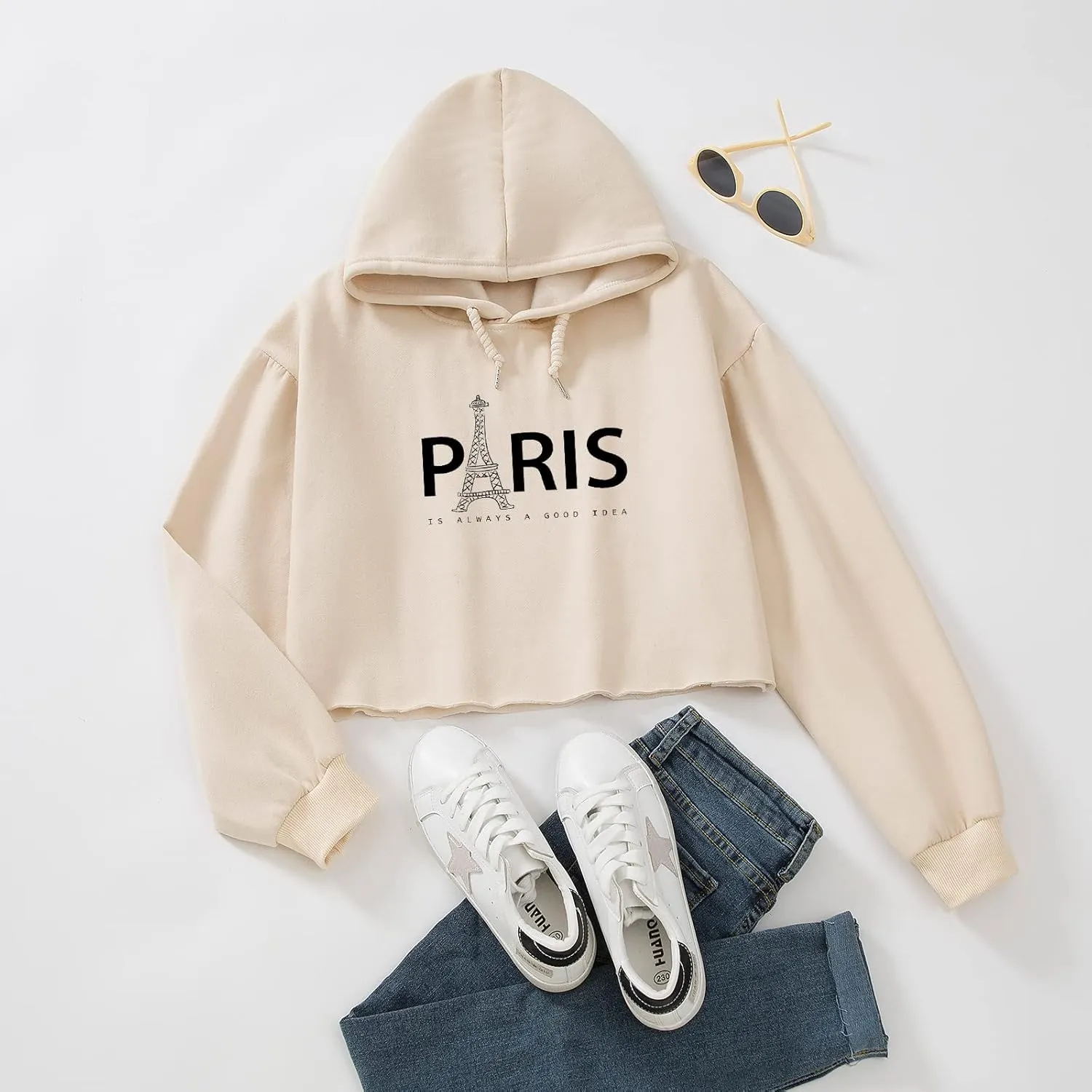Womens Fashion Crop Sweatshirt Letter Print Hoodies Girls Y2k Cotton Oversized Cropped Pullover Paris Tower Graphic