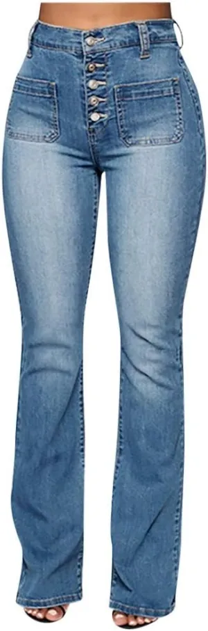 Women's Flare Bell Bottom High Waist Jeans Vintage Stretch Bootcut Denim Trouser with Pockets