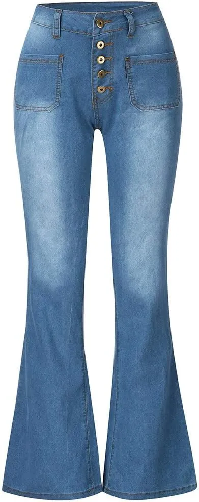 Women's Flare Bell Bottom High Waist Jeans Vintage Stretch Bootcut Denim Trouser with Pockets