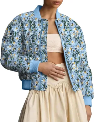 Womens Floral Bomber Jacket Cropped Zipper Down Long Sleeve Daisy Padded Coat Outwear with Pockets