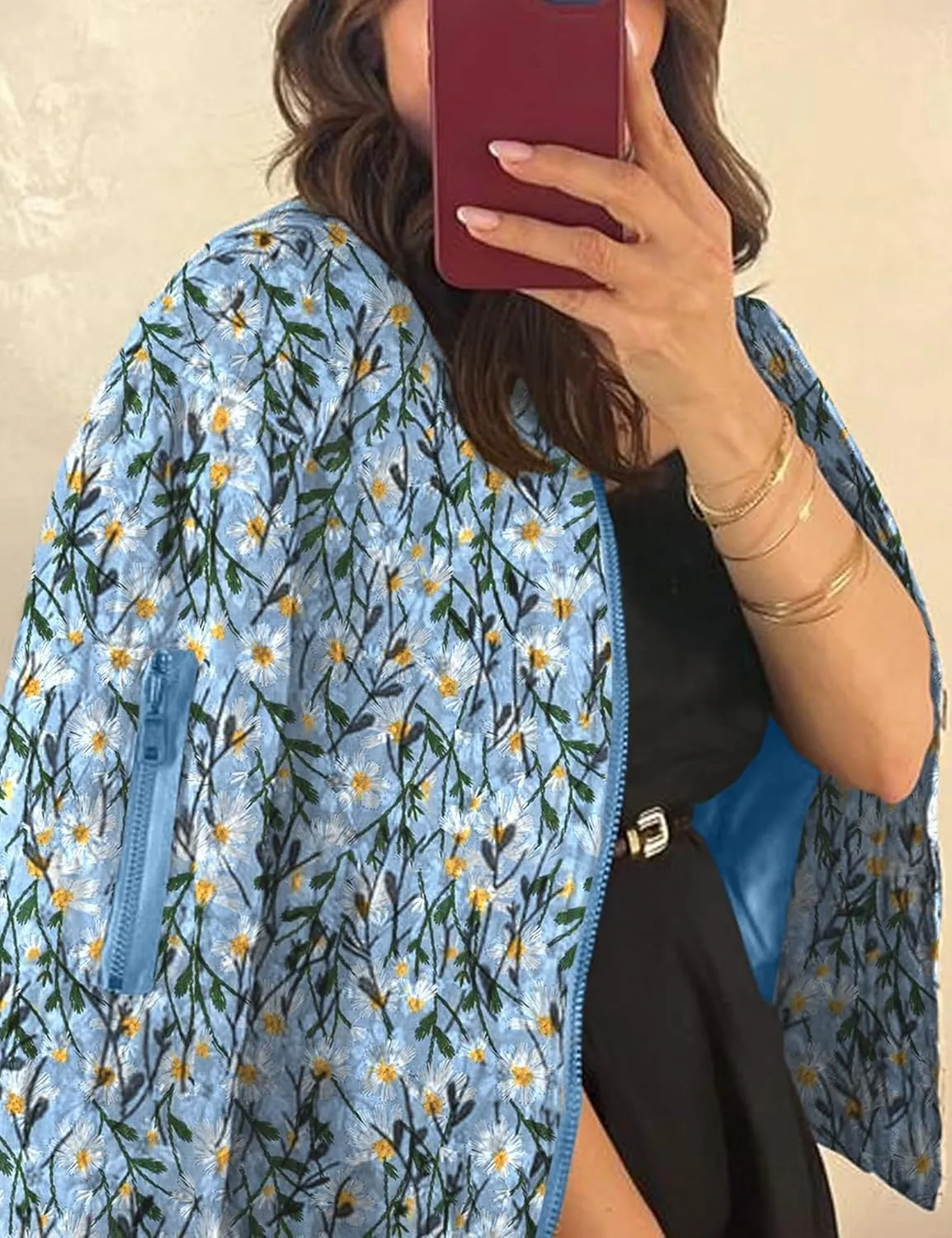 Womens Floral Bomber Jacket Cropped Zipper Down Long Sleeve Daisy Padded Coat Outwear with Pockets