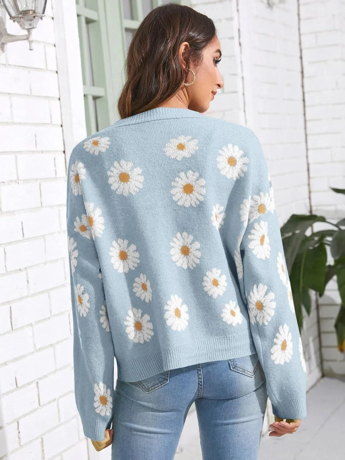 Women's Floral Print Cardigan Long Sleeve Open Front Button Down V Neck Knitted Sweaters