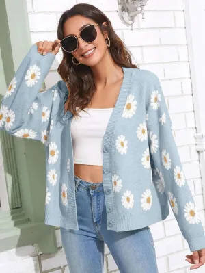 Women's Floral Print Cardigan Long Sleeve Open Front Button Down V Neck Knitted Sweaters