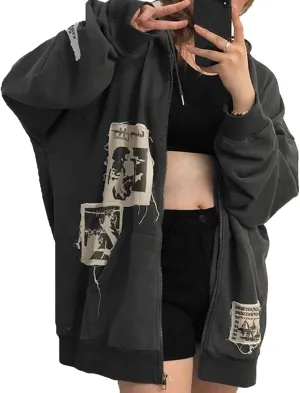 Womens Gothic Oversized Hoodies Y2K Zip Up Graphic Print Harajuku Hoodie Emo Clothes Streetwear with Pockets