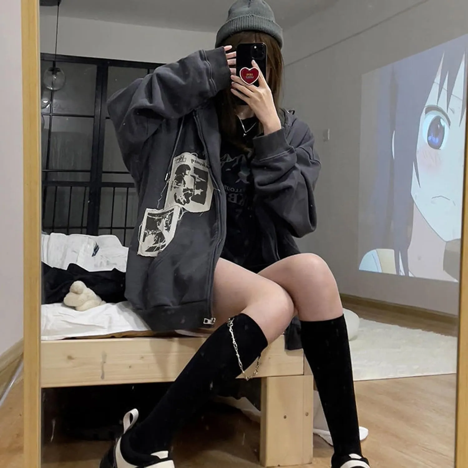 Womens Gothic Oversized Hoodies Y2K Zip Up Graphic Print Harajuku Hoodie Emo Clothes Streetwear with Pockets
