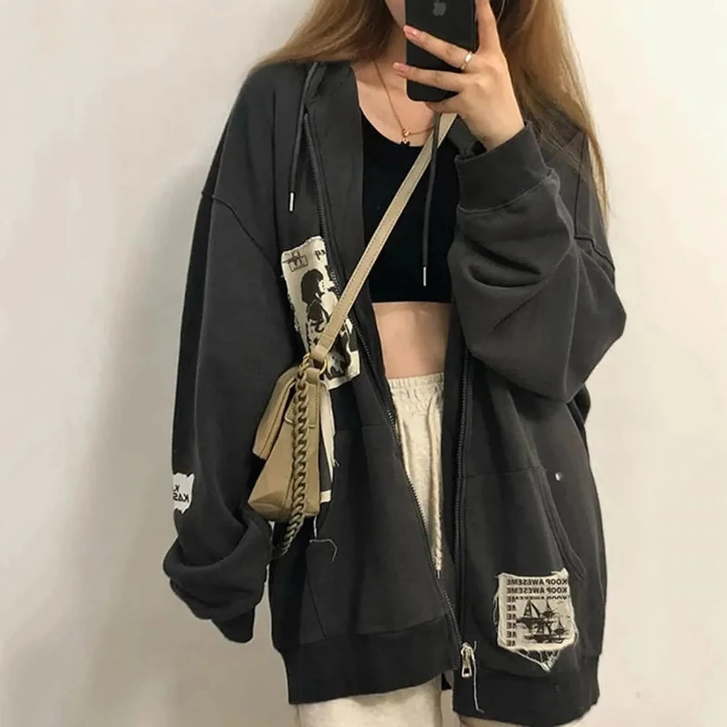 Womens Gothic Oversized Hoodies Y2K Zip Up Graphic Print Harajuku Hoodie Emo Clothes Streetwear with Pockets