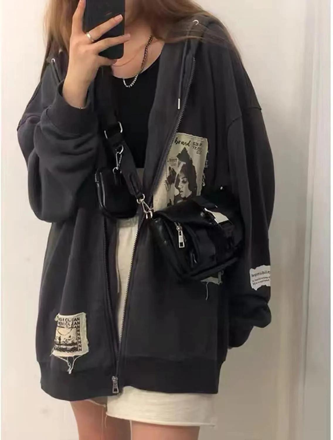 Womens Gothic Oversized Hoodies Y2K Zip Up Graphic Print Harajuku Hoodie Emo Clothes Streetwear with Pockets