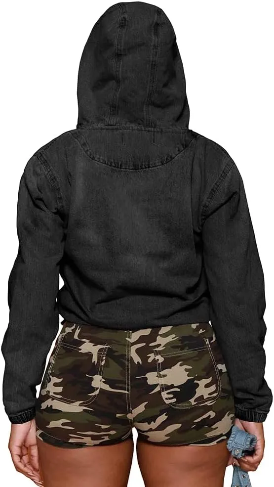 Women's Half Zip Denim Hoodie Pullover Jacket Jean Tops