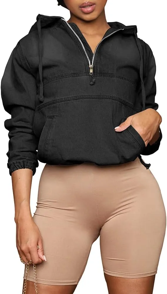 Women's Half Zip Denim Hoodie Pullover Jacket Jean Tops