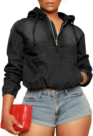 Women's Half Zip Denim Hoodie Pullover Jacket Jean Tops