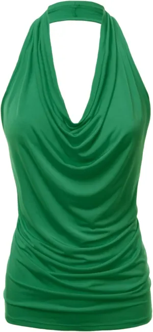 Women's Halter Neck Front Draped Backless Tank Top Made in USA (S-3XL)