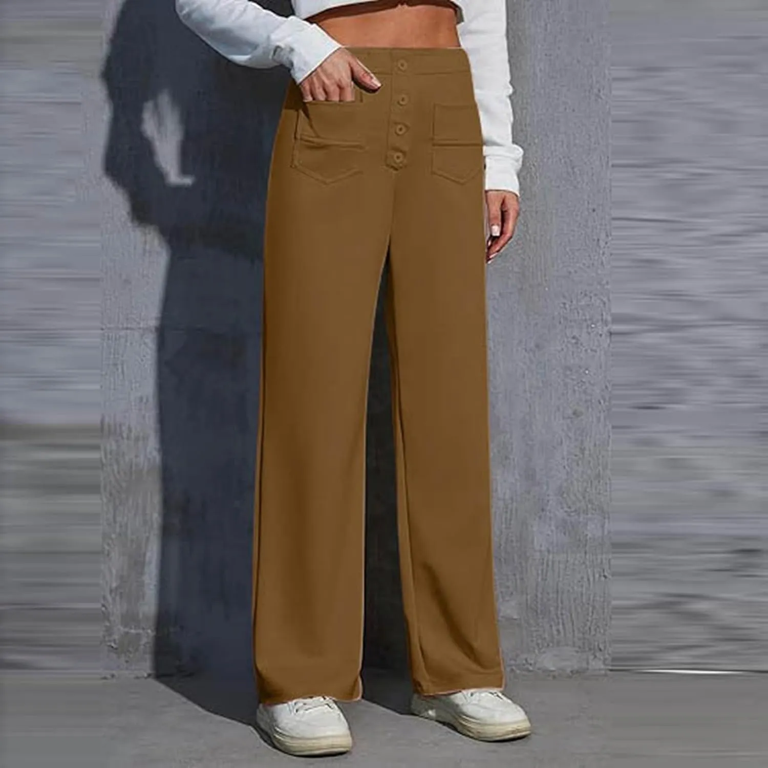 Women's High Waist Casual Pants Summer Stretchy Straight Wide Leg Trendy Flowy Pants with Pockets Loose Trousers