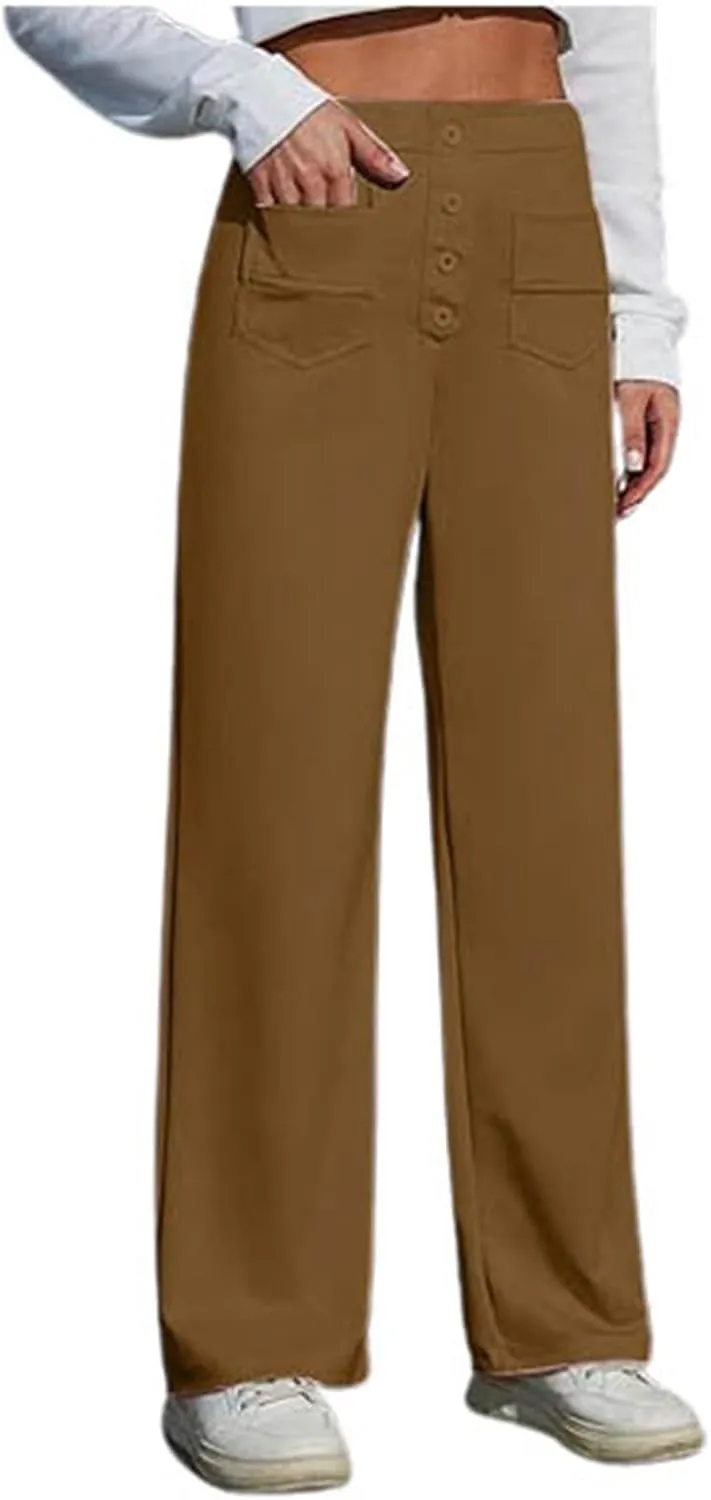 Women's High Waist Casual Pants Summer Stretchy Straight Wide Leg Trendy Flowy Pants with Pockets Loose Trousers