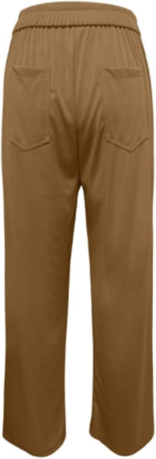 Women's High Waist Casual Pants Summer Stretchy Straight Wide Leg Trendy Flowy Pants with Pockets Loose Trousers