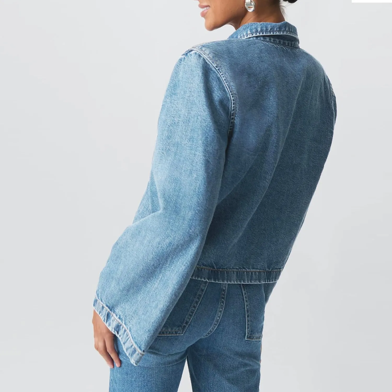 Womens Jean Jacket Tie Front Denim Jacket Lapel Neck Solid Color Long Sleeve Casual Crop Jean Shirts Fall Coat