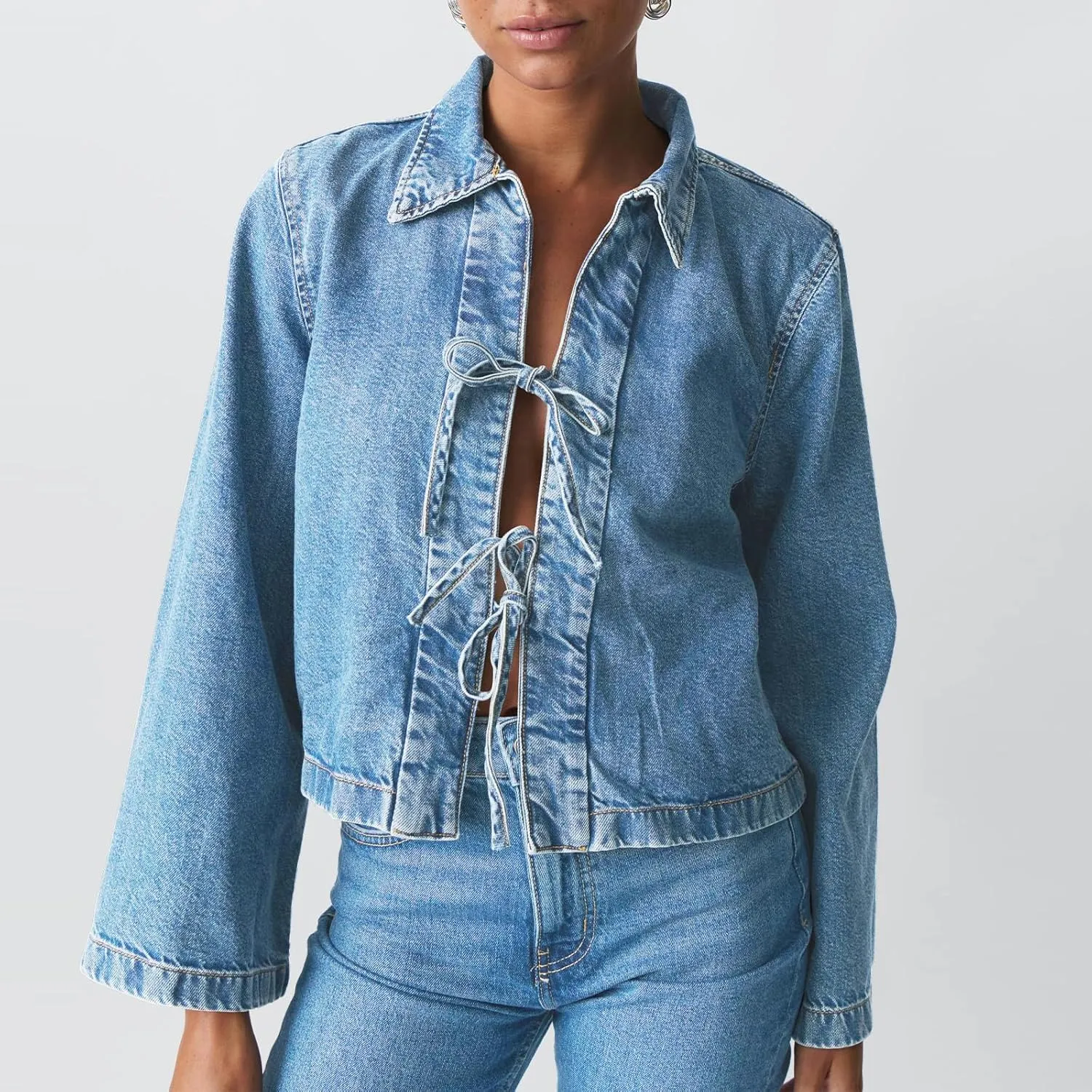 Womens Jean Jacket Tie Front Denim Jacket Lapel Neck Solid Color Long Sleeve Casual Crop Jean Shirts Fall Coat
