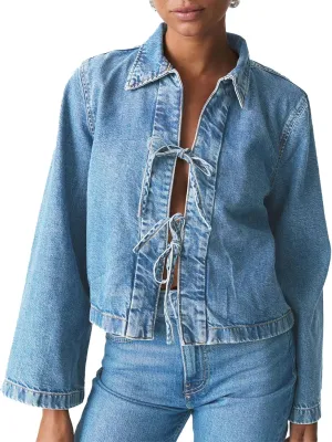 Womens Jean Jacket Tie Front Denim Jacket Lapel Neck Solid Color Long Sleeve Casual Crop Jean Shirts Fall Coat