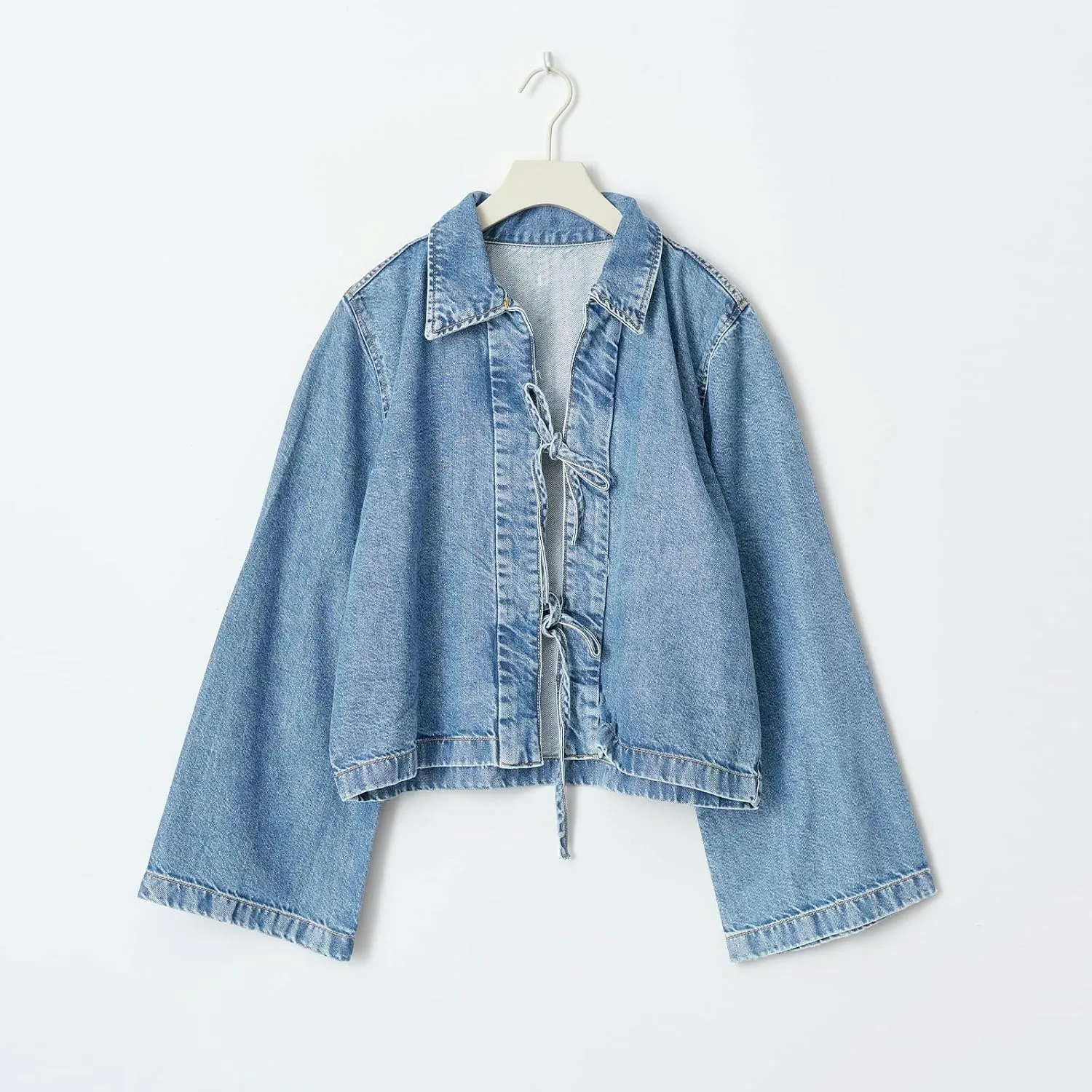 Womens Jean Jacket Tie Front Denim Jacket Lapel Neck Solid Color Long Sleeve Casual Crop Jean Shirts Fall Coat