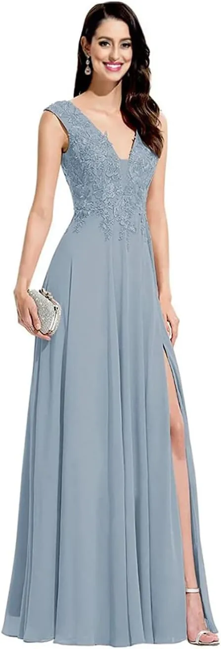 Women's Lace Appliques Split Formal Evening Dresses Plus Size V Neck Chiffon Long Slit Bridesmaid Prom Gowns PRY102