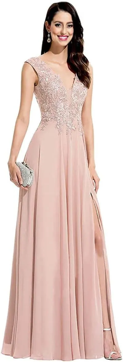 Women's Lace Appliques Split Formal Evening Dresses Plus Size V Neck Chiffon Long Slit Bridesmaid Prom Gowns PRY102