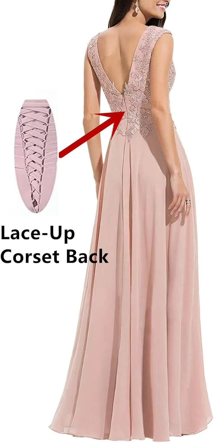 Women's Lace Appliques Split Formal Evening Dresses Plus Size V Neck Chiffon Long Slit Bridesmaid Prom Gowns PRY102