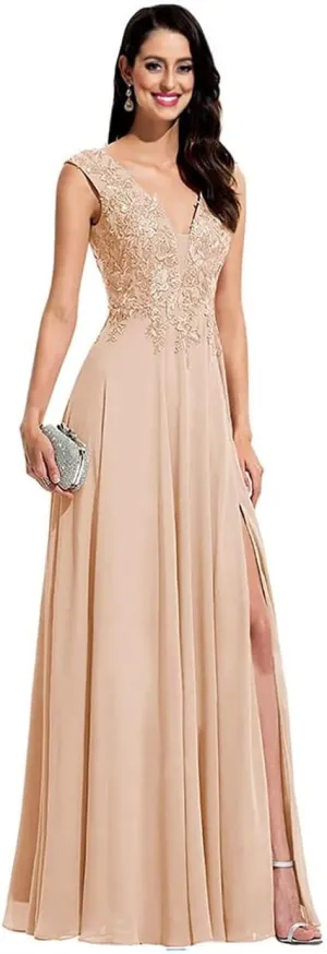 Women's Lace Appliques Split Formal Evening Dresses Plus Size V Neck Chiffon Long Slit Bridesmaid Prom Gowns PRY102