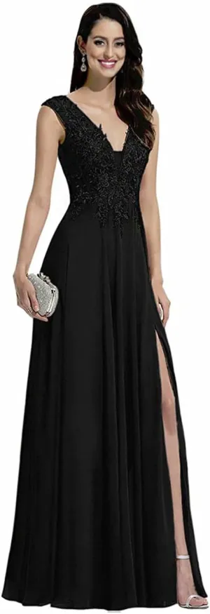 Women's Lace Appliques Split Formal Evening Dresses Plus Size V Neck Chiffon Long Slit Bridesmaid Prom Gowns PRY102
