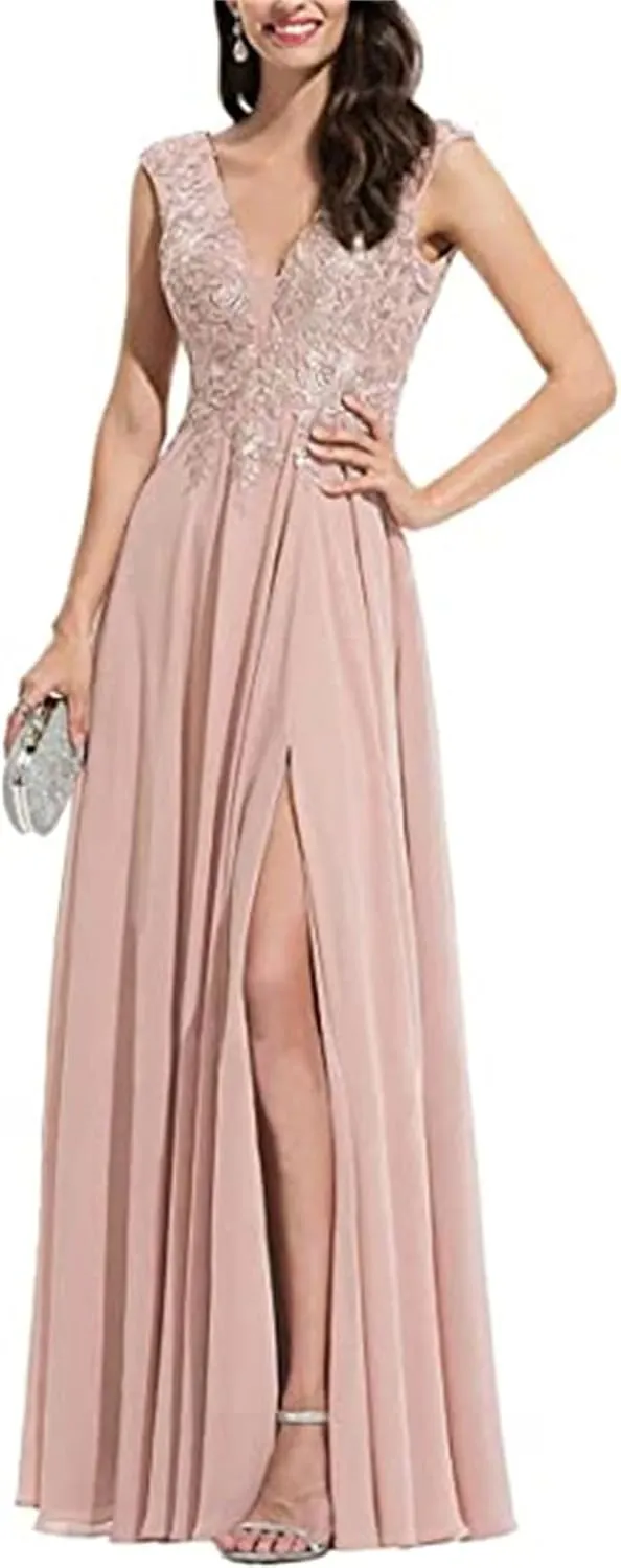 Women's Lace Appliques Split Formal Evening Dresses Plus Size V Neck Chiffon Long Slit Bridesmaid Prom Gowns PRY102