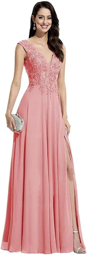 Women's Lace Appliques Split Formal Evening Dresses Plus Size V Neck Chiffon Long Slit Bridesmaid Prom Gowns PRY102