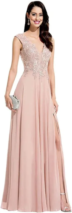 Women's Lace Appliques Split Formal Evening Dresses Plus Size V Neck Chiffon Long Slit Bridesmaid Prom Gowns PRY102