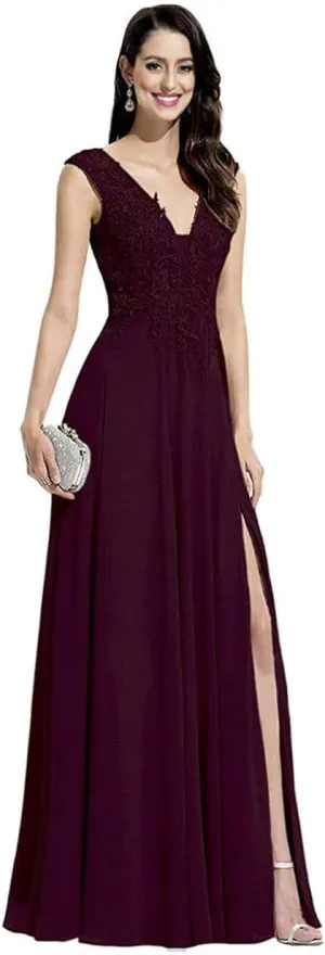Women's Lace Appliques Split Formal Evening Dresses Plus Size V Neck Chiffon Long Slit Bridesmaid Prom Gowns PRY102